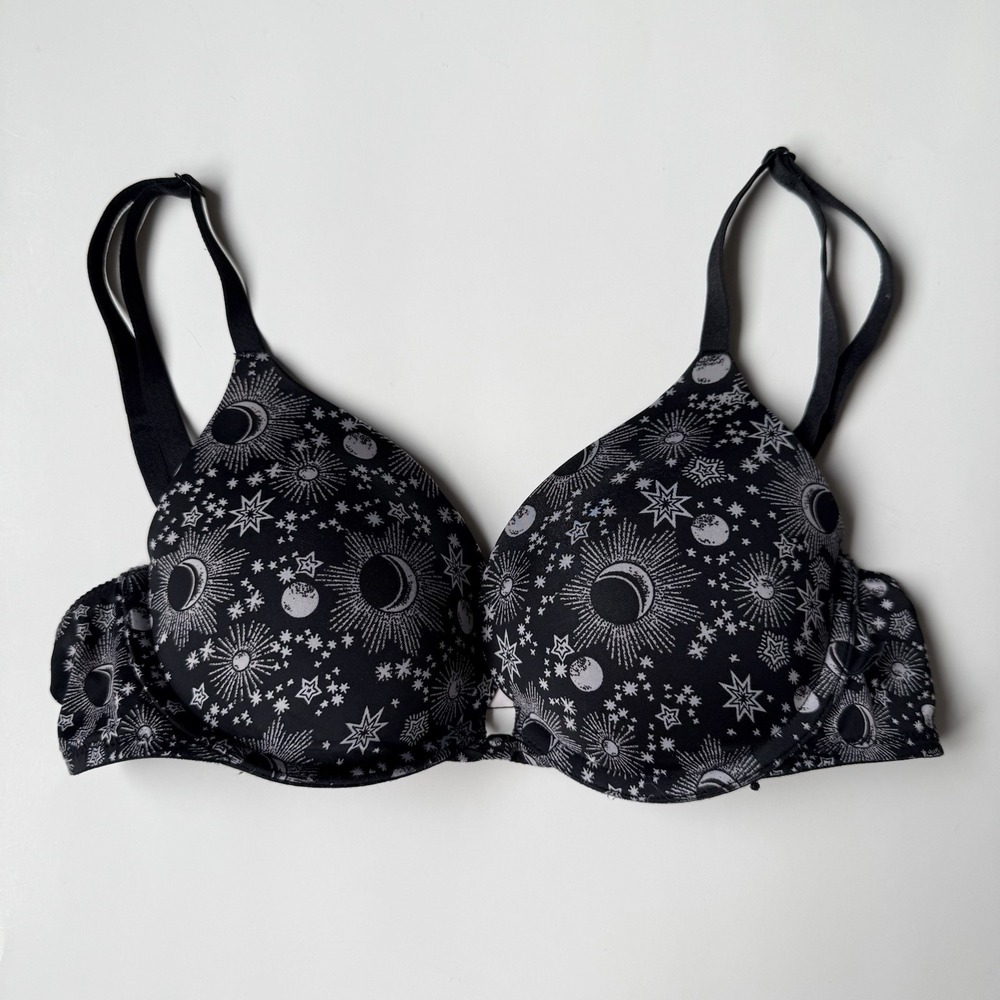 Victoria's Secret Push Up Bra 34B Black Celestial Star Moon Goth Y2K